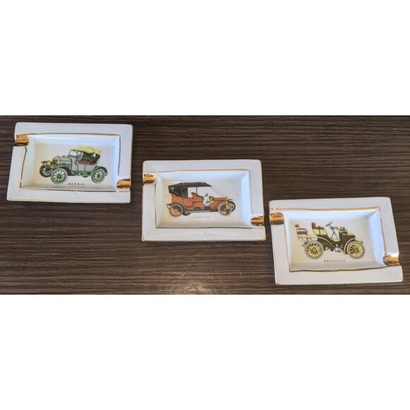 3 Vintage Hand Painted Car Ashtrays - Morris Austin Wolseley ESD Japan Gold Rim - Picture 1 of 8